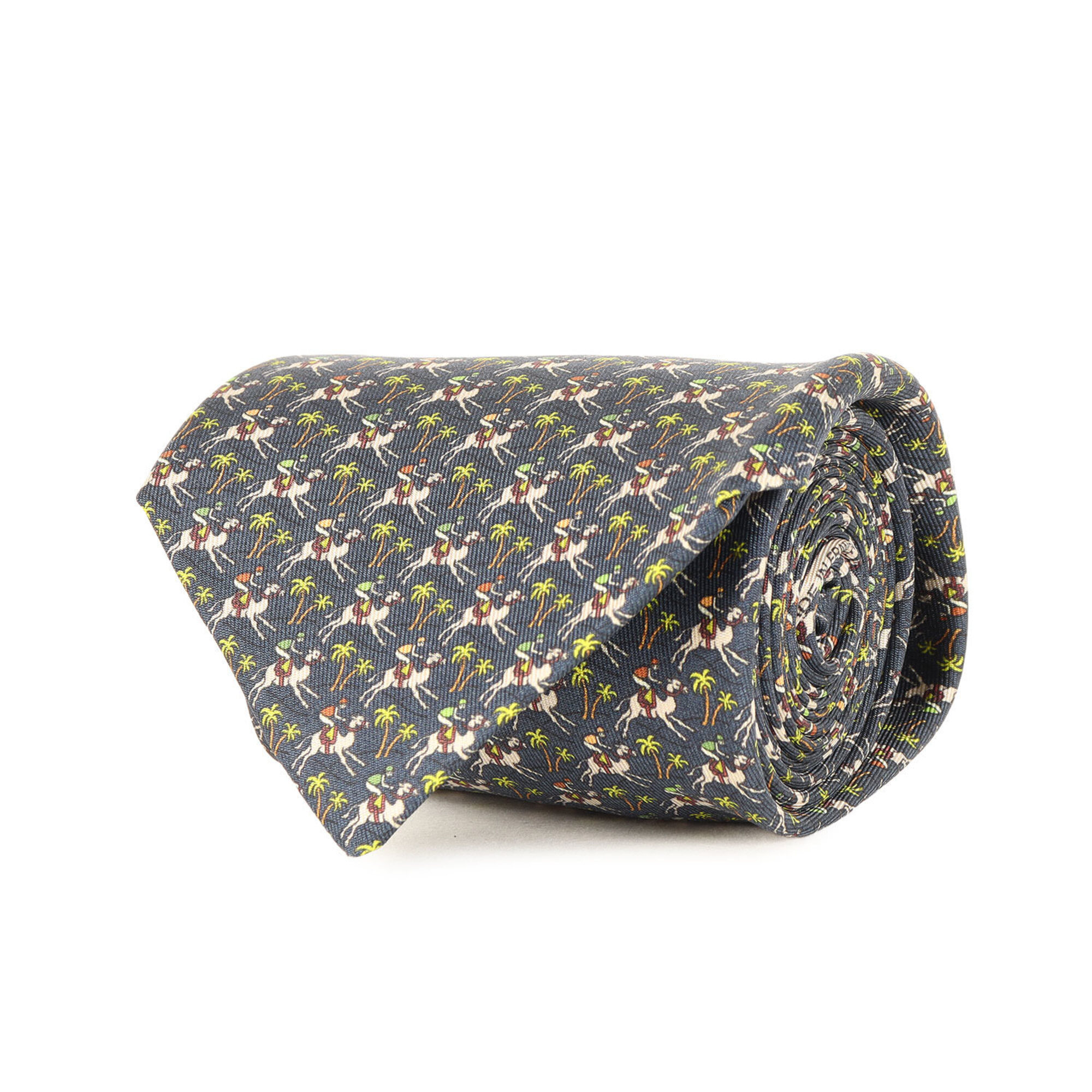 Hermes Silk Tie In Navy Gray With A Jockey And Tree Pattern For Men.